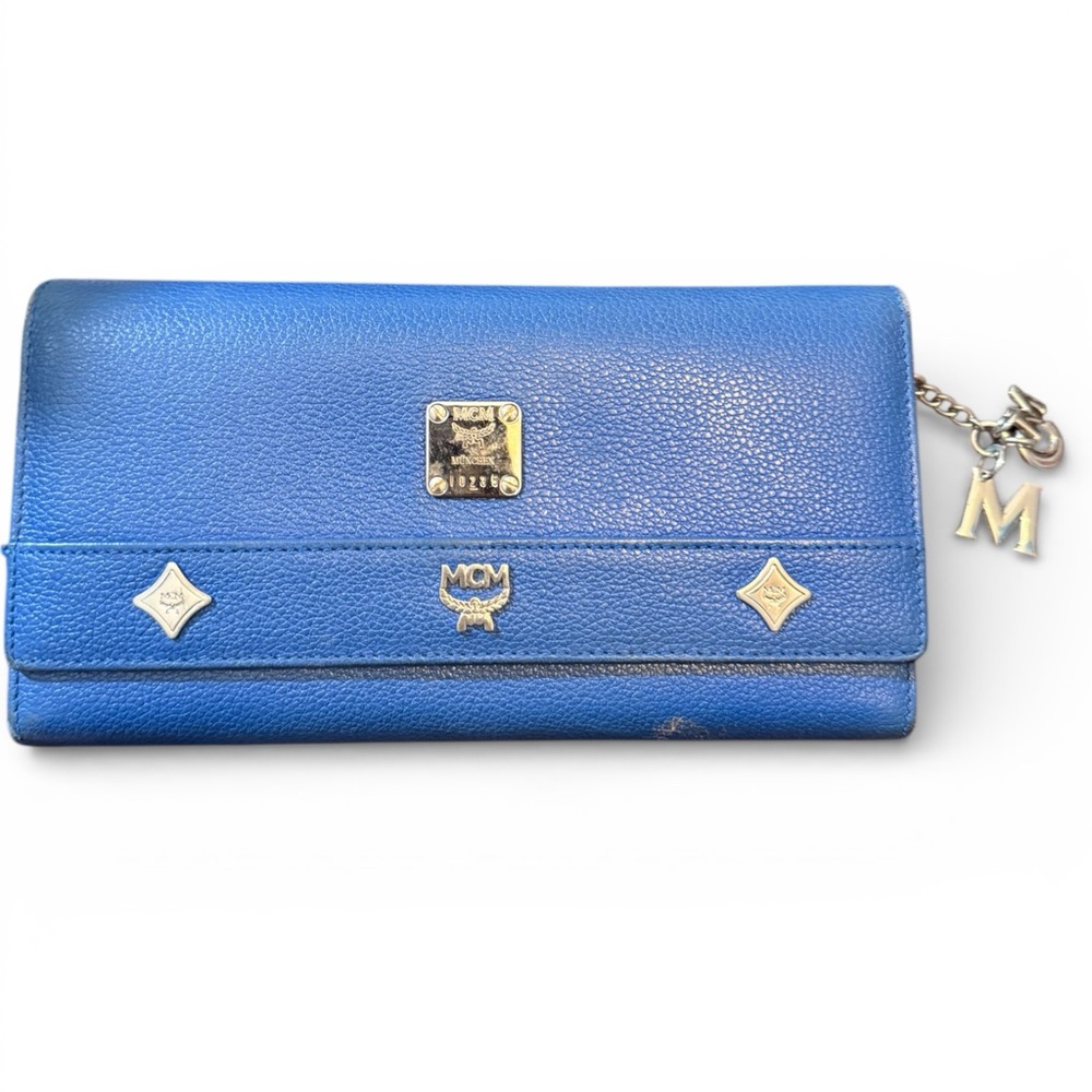 MCM Blue Leather Continental Wallet with Silver Hardware